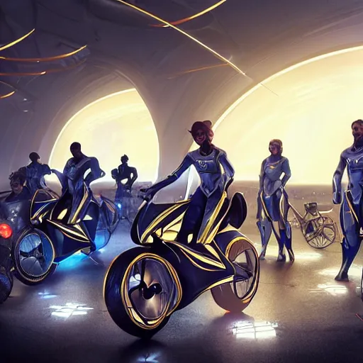 Image similar to tron legacy light cycles racing in game by artgerm and greg rutkowski and alphonse mucha, zaha hadid, an epic fantasy, volumetric light, detailed, octane render, midsommar