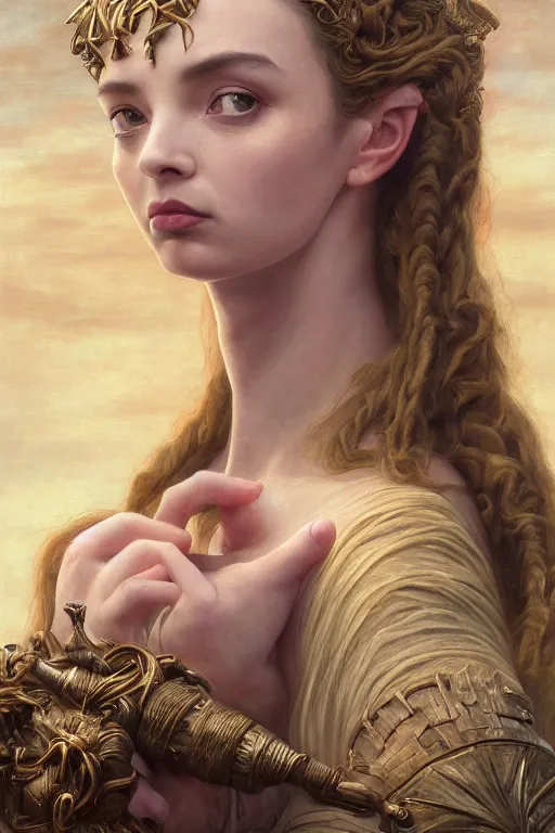 Image similar to A fantasy book style portrait painting of a hybrid Jodie Comer, Anya_Taylor-Joy as a Mystical Valkyrie Reptilian-Anubis Atlantean Warrior, François Boucher, Oil Painting, unreal 5, DAZ, hyperrealistic, octane render, Regal, Refined, Detailed Digital Art, RPG portrait, William-Adolphe Bouguereau, Michael Cheval, Walt Disney (1937), Steampunk, Volumetric Golden dappled dynamic lighting, Highly Detailed, Cinematic Lighting, Unreal Engine, 8k, HD