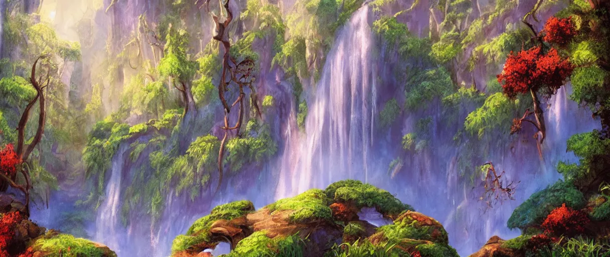 Image similar to disney movie background art of a beautiful waterfall in a forest