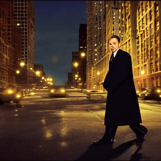 Image similar to 1 9 9 8 peter the great wearing a black wool coat and necktie in his car driving through the streets of chicago at night. cinematic dramatic atmosphere, sharp focus, soft volumetric studio lighting. high detail, photorealistic