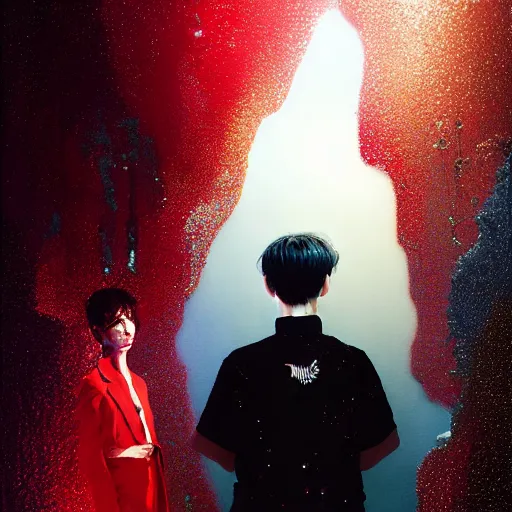 Prompt: harmony black room, portrait, yoongi wearing red sparkly sequin jacket, black top, black pants, muted colors, polarizer, nadir lighting, by wlop, james jean, victo ngai, muted colors, highly detailed, fantasy art by craig mullins, thomas kinkade