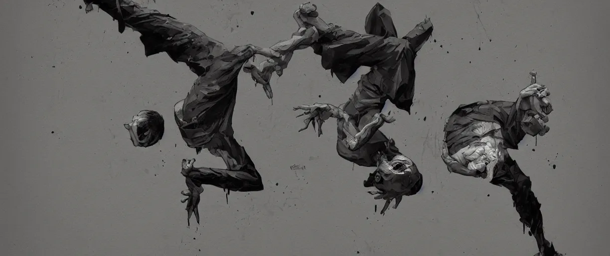 Image similar to a duotone comic noir illustration painting of gollum is doing breakdance windmill move by sachin teng and sergey kolesov and ruan jia and heng z. graffiti art, sci fi, fantasy art, hyper detailed. octane render. trending on artstation