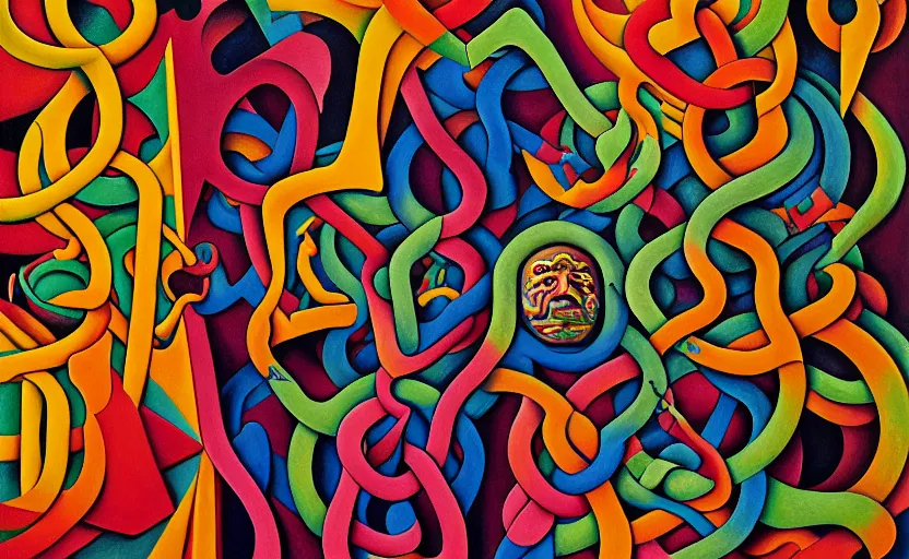 Image similar to close up of twisting faces full of pain pleasure fear love joy and agony. detailed abstract painting by josef albers, by mc escher, by raqib shaw, japanese popsurrealism,