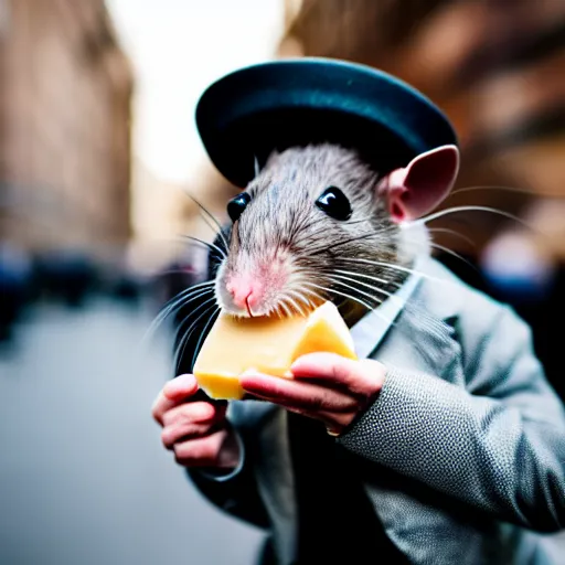 Prompt: a rat wearing a bowler hat eating cheese. sigma 5 0 mm f / 1. 4