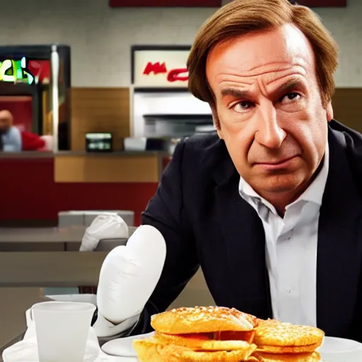 Image similar to saul goodman eating at mcdonald's, realistic, ultra high detail, 8 k.