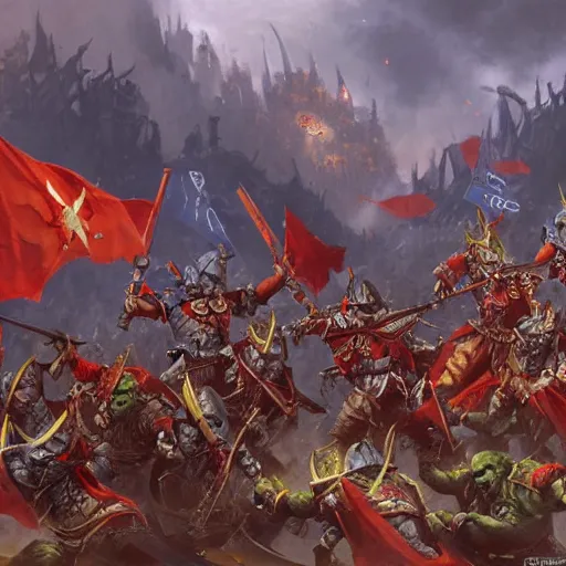 Image similar to Orcs from Warhammer Fantasy with USSR flags are charging by Greg Rutkowski