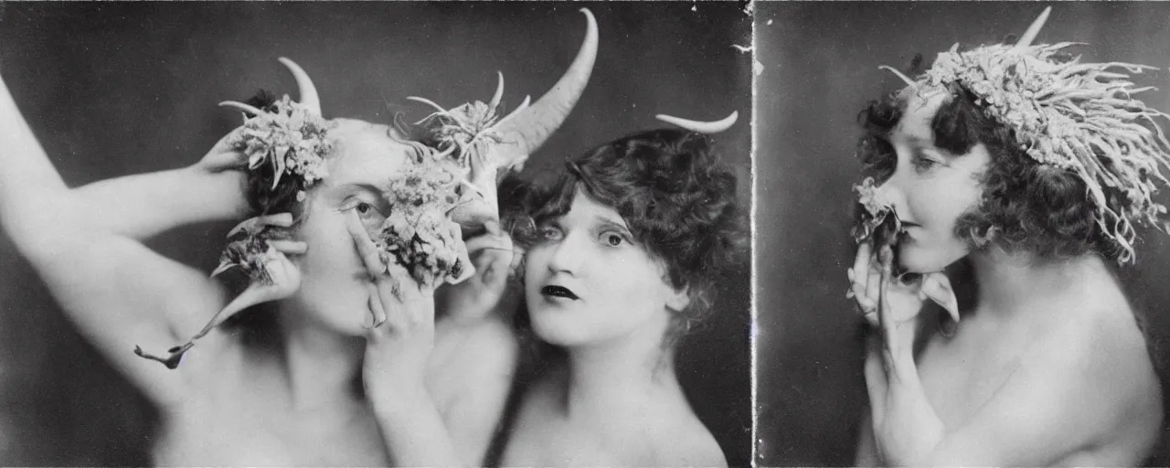 Image similar to 1920s portrait photography of a woman transforming into a monster, edelweiss growing out of his face, goat horns on his head