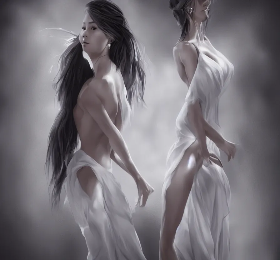 Image similar to mystic beautiful woman in white dress on dark background, drawn by vetarmora, detailed body, human proportions, instagram, unreal engine 5, wallpaper, 8 k, ultra detailed, realistic photo, artstation