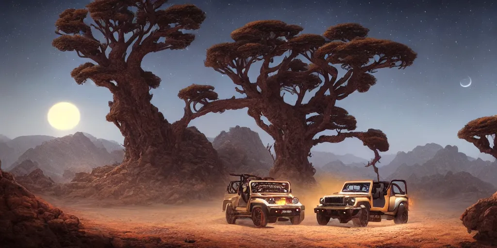 Image similar to mahindra thar riding through moonlit socotra island with dragon trees, starry night, chasing action scene, epic fantasy, sharp focus, trending on ArtStation, masterpiece, by Greg Rutkowski, by Ross Tran, by Fenghua Zhong, corona render, soft render, ultrarealistic, colorful, cinematic, shadow of the tomb rider