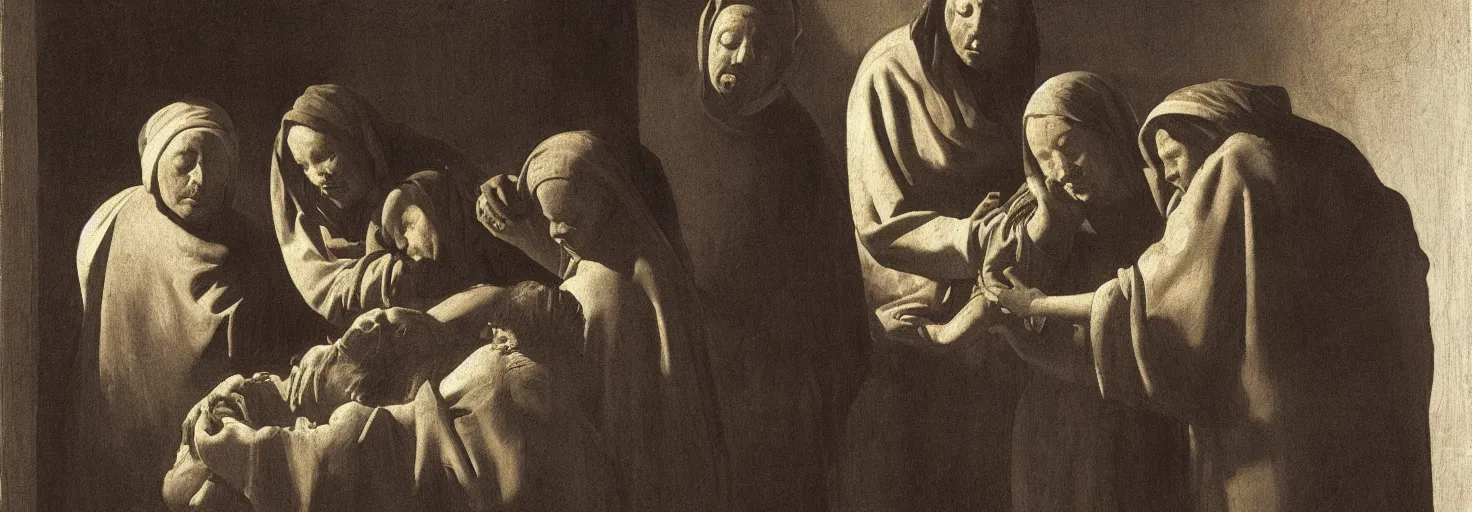 Prompt: a vermeer drawing of three maria's crying at the death of christ