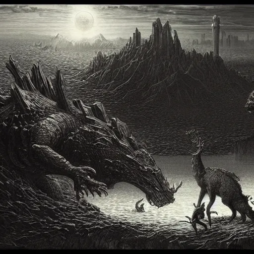 Image similar to godzilla sized deer demolish city, gustave dore, hiremious bosch, lovecraft, highly detailed, intricate, dramatic, realistic