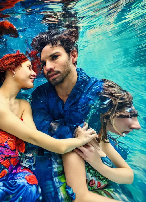 Prompt: detailed colourful masterpiece of photography by couple portrait sat down extreme closeup, love, inside an underwater train, detailed realistic expressions, wearing unusual clothes, by frederic leighton, ultra wide angle