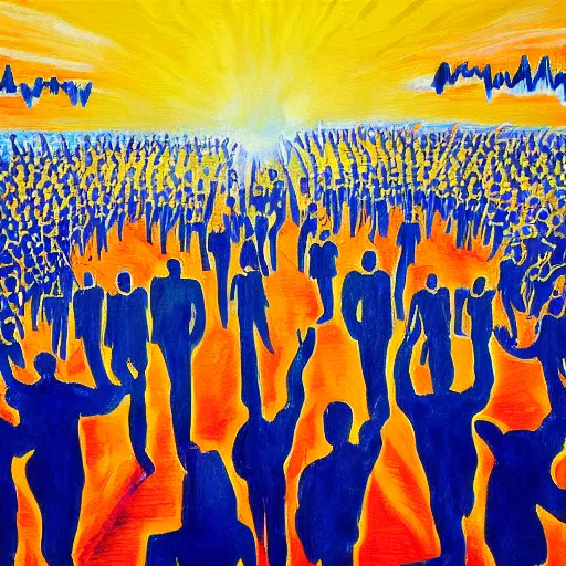 Image similar to A painting of a bright rising stock chart behind a large dark group of cheering people