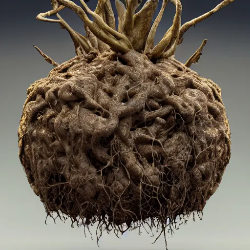 Prompt: medium shot, mandrake root in a pot, root in a form of human head with mandrake leaves growing from it, intricate hyper detailed ultra sharp sharp focus, global illumination, radiant light, alexandre ferra, irakli nadar, octane render, unreal engine, 4 k, ultra hd,