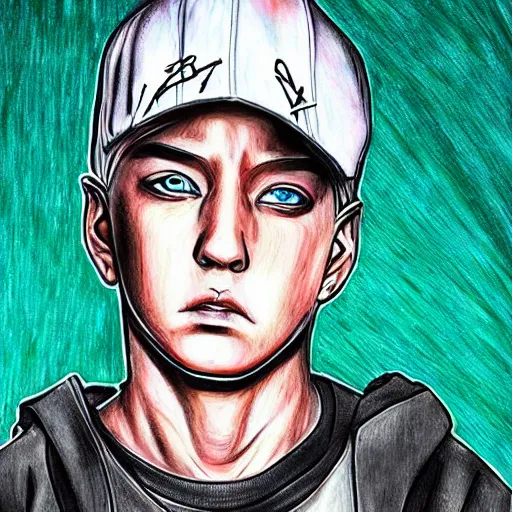 Image similar to eminem drawn in the style of dragon ball z