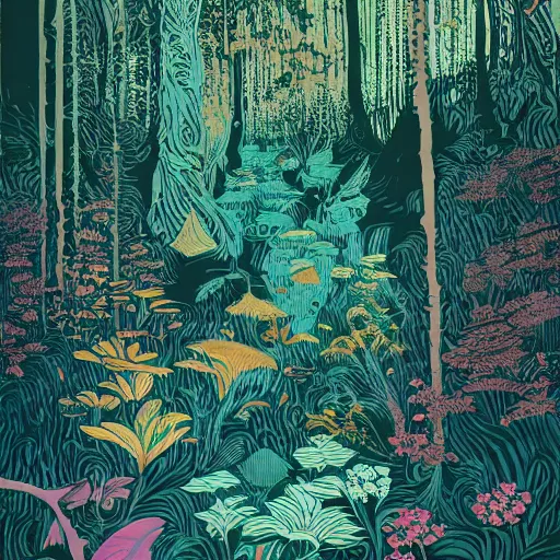 Prompt: linocut print of lush fantasy forest, amazing art, highly detailed, intricate, color, masterpiece, by victo ngai, craig mullins