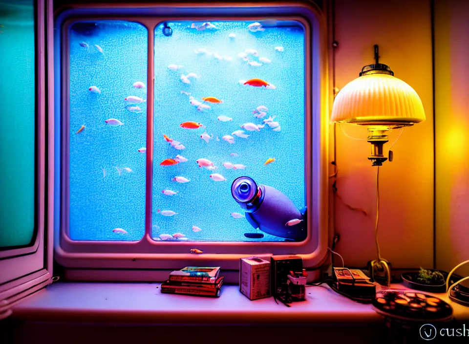 Image similar to telephoto 7 0 mm f / 2. 8 iso 2 0 0 photograph depicting the feeling of chrysalism in a cosy cluttered french sci - fi ( art nouveau ) cyberpunk apartment in a pastel dreamstate art cinema style. ( aquarium, computer screens, window ( city ), leds, lamp, ( ( ( aquarium bed ) ) ) ), ambient light.