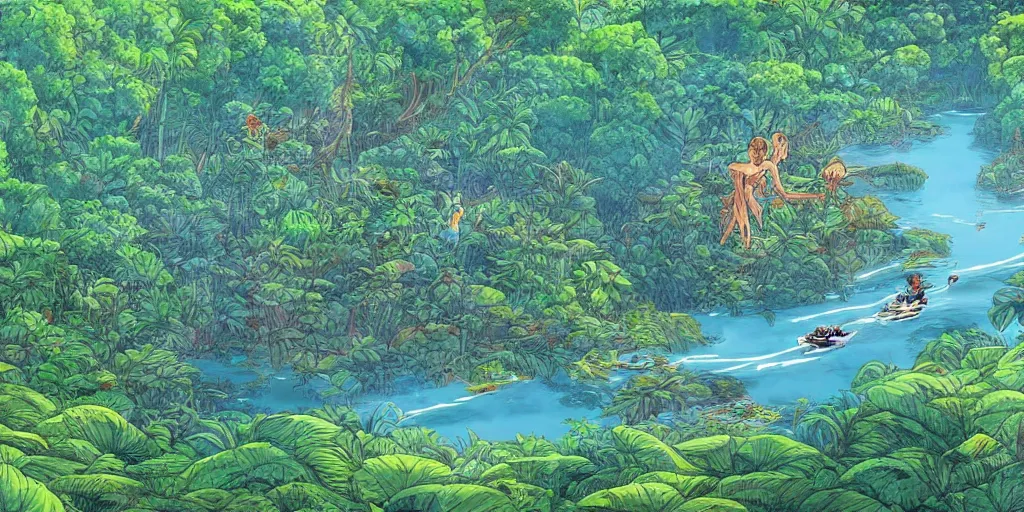 Image similar to sri lankan river jungle, drawn by hayao miyazaki