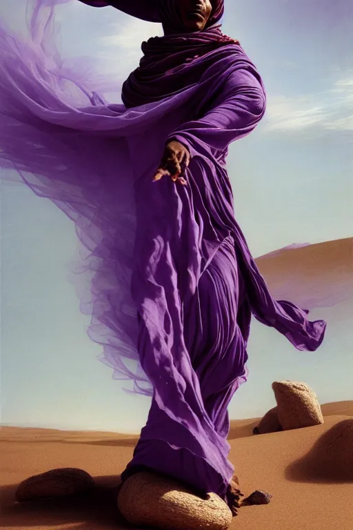 Image similar to full lenght flowing twisted clothes like tornado a old tuareg woman, many fabric, stones near foot, wind, stands on sand, full body shot, dark background, pastel purple colour scheme, jellyfish phoenix, highly detailed. by caravaggio, greg rutkowski