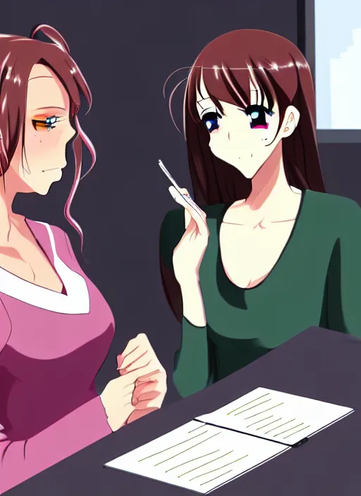 Image similar to two beautiful female teachers making plans at school, gorgeous faces, thick lines, cinematic lighting, detailed anime art