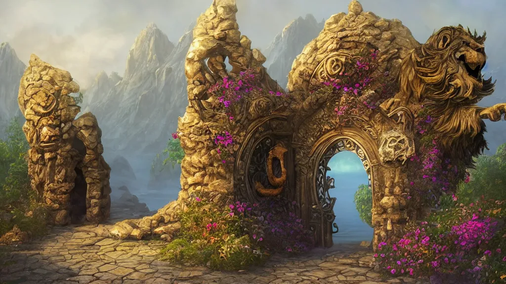 Image similar to A giant medieval fantasy blue energy portal gate with a rusty gold carved lion face at the center of it, the portal takes you to another world, full of colorful flowers on the lost Vibes and mountains in the background, spring, delicate fog, sea breeze rises in the air, by andreas rocha and john howe, and Martin Johnson Heade, featured on artstation, featured on behance, golden ratio, ultrawide angle, f32, well composed