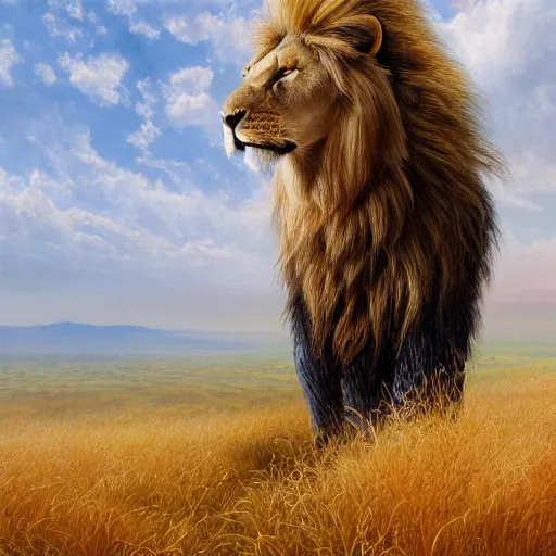 Prompt: a full body shot, detailed photograph of a dreaming lion head in a distance landscape photorealism ultradetailed digital art, irina french, heraldo ortega, mandy jurgens, golden ratio, art canvas, award winning, masterpiece trending on artstation 8 k 1 5 0 mpx