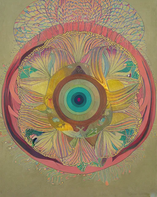 Image similar to blossoming lotus by hilma af klint, moebius, victo ngai, laurie greasly