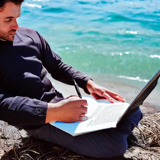 Prompt: photo of man working with notebook on the beach, relax