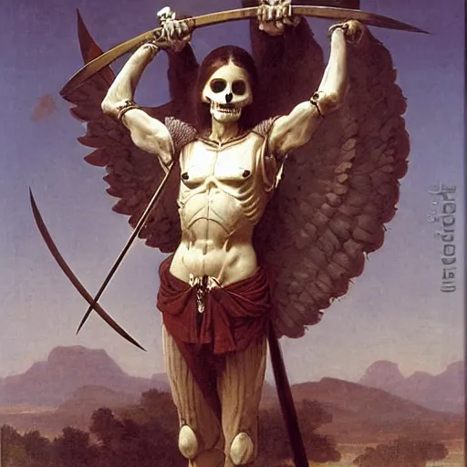 Image similar to portrait of a fully armed skeleton archer with big sword, wearing helmets and armor with wings, symmetrical, solemn, sacred, aura, by bouguereau