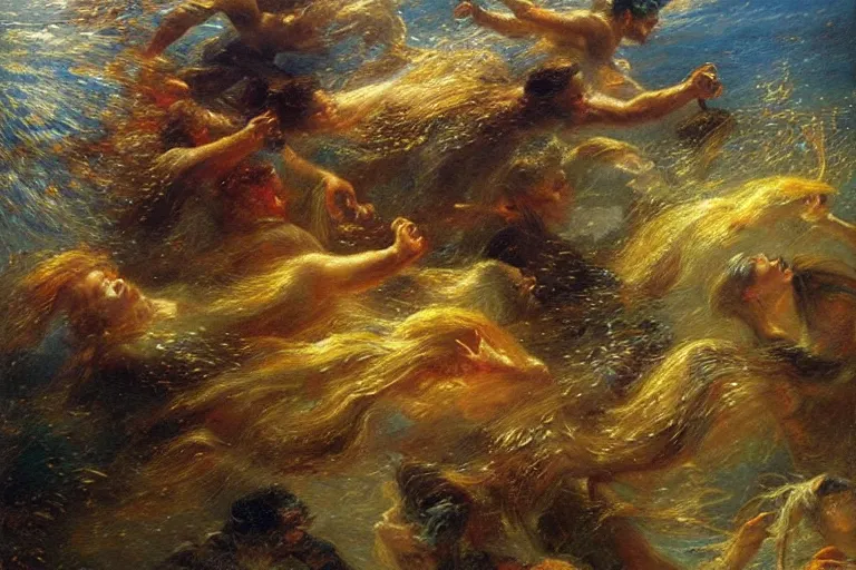 Image similar to portrait of goldfishes swarming the ocean. shadow and light. rays of light. energetic, dynamic, lively, detailed, intricate, complex. fine art by gaston bussiere.