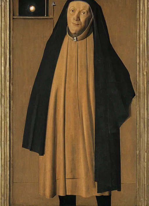 Image similar to a cyberpunk priest by Jan van Eyck