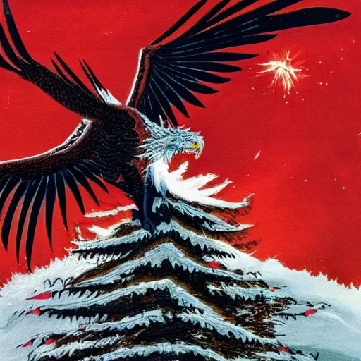 Image similar to black eagle with red eyes fighting a white dragon over a spruce tree forest