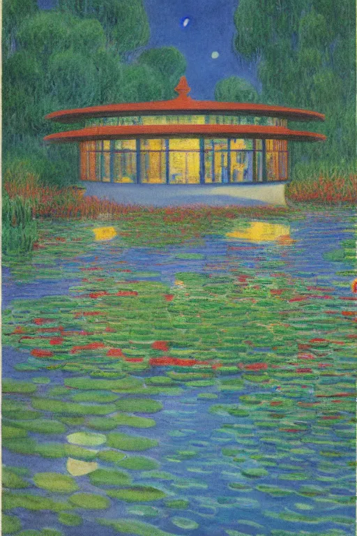 Prompt: cinematic aerial view of decorated surrealist lake garden at night by Edward Hopper and Claude Monet, garden lit by floating shoji lamps, Japanese 1920s art deco backyard design by Katsuhiro Otomo, the moon reflects in the water, the moon casts long exaggerated shadows, blue hour, hyper-detailed watercolor and pen illustration by Syd Mead and byJean Giraud, aerial view