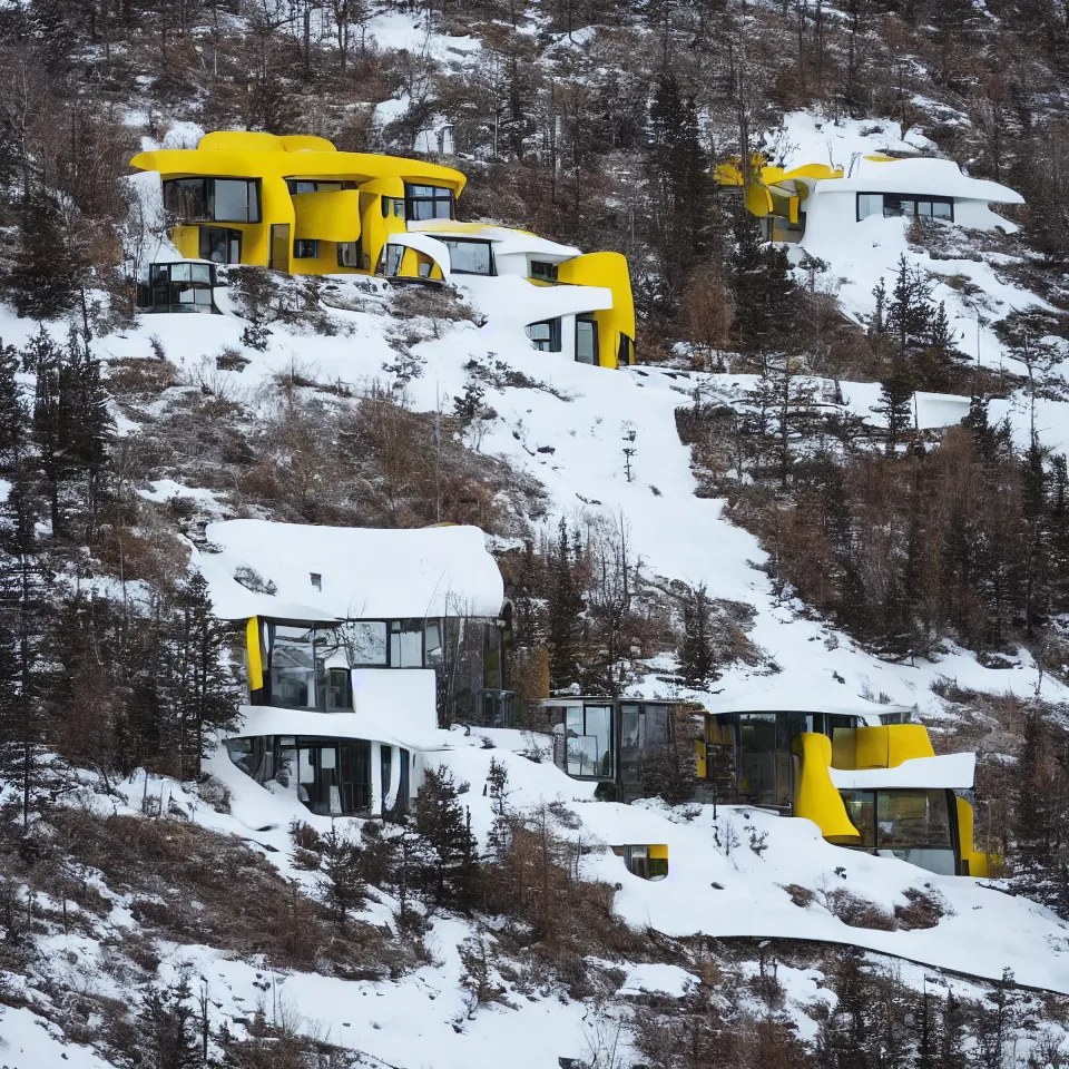 Image similar to an asphalt road leading to a mid-century modern house on top of a cliff in the arctic, covered with snow, designed by Frank Gehry. Big tiles. A car is parked in front. Film grain, cinematic, yellow hue