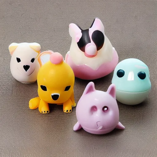 Prompt: some cute plastic toys that look like animal characters, pastel colors