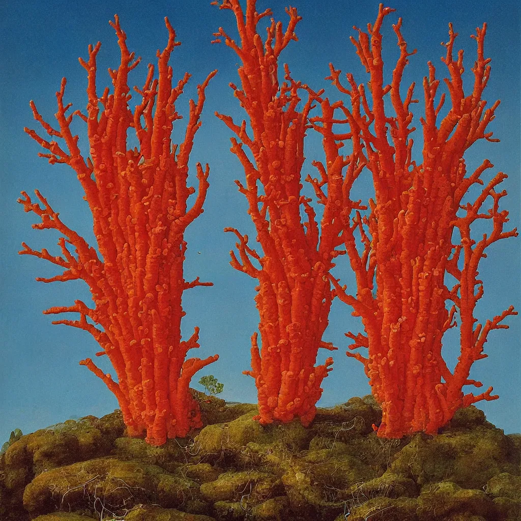 Image similar to a single! colorful! ( coral ) fungus tower clear empty sky, a high contrast!! ultradetailed photorealistic painting by jan van eyck, audubon, rene magritte, agnes pelton, max ernst, walton ford, andreas achenbach, ernst haeckel, hard lighting, masterpiece