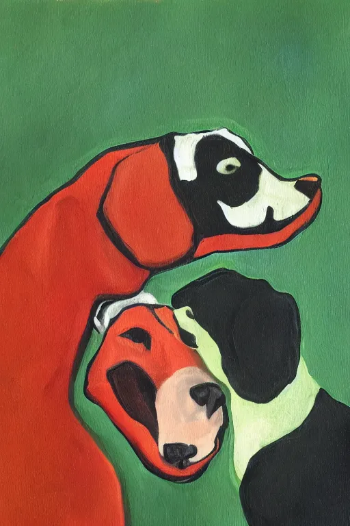 Prompt: red herring and green dog painting a picture together