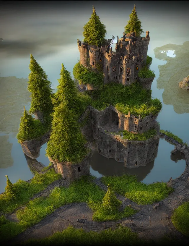 Image similar to unreal engine, tony s art, castle, forest, lake, energy