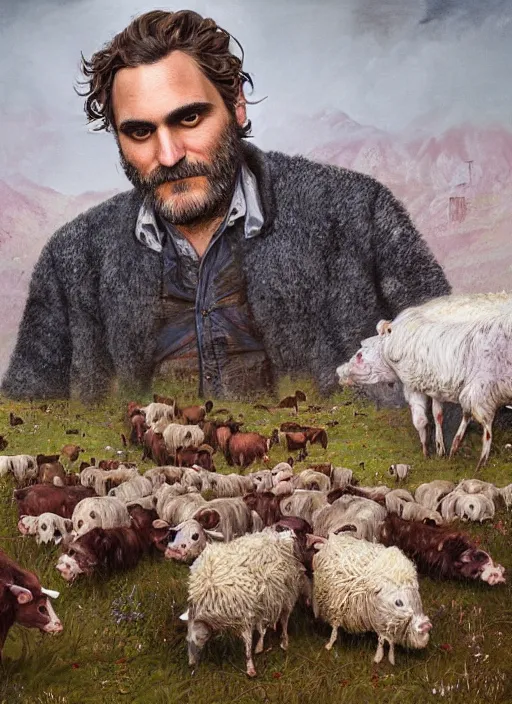 Image similar to a hyper detailed painting of joaquin phoenix surrounded by farm animals, cow, pig, sheep, chicken, horror, by anna podedworna, by miklos ligeti, by diego maricato, by taran fiddler, by antonino truisi, by chris reddie, by jinsung lim, trending on artstation