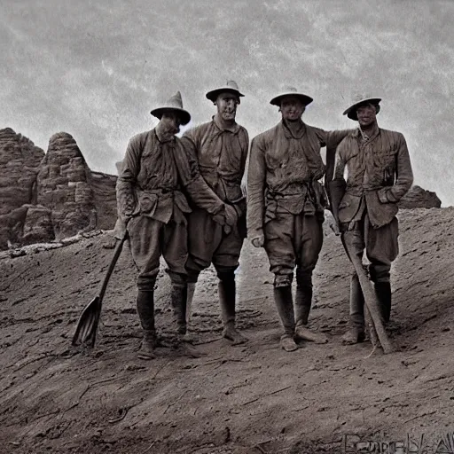 Image similar to ultra detailed photorealistic sepia - toned photo from 1 9 1 7, three british soldiers standing at an archaeological dig site in wadi rum, ultra realistic, painted, intricate details, lovecraft, atmospheric, dark, horror, brooding, highly detailed, by clyde caldwell