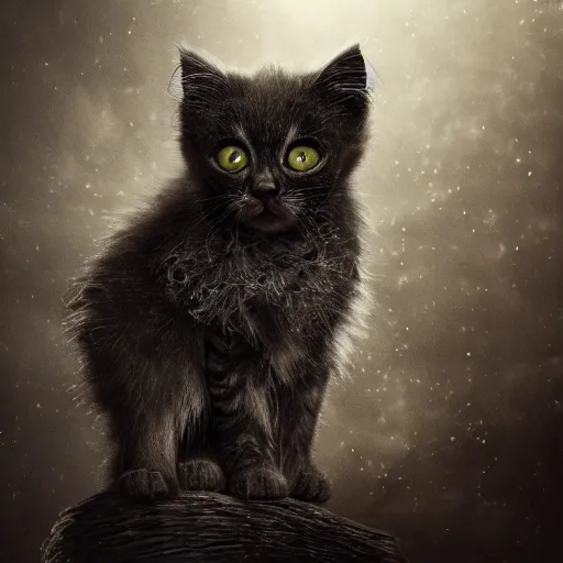 Image similar to full body pose, hyperrealistic photograph of gothic kitten, dim volumetric lighting, 8 k, octane beautifully detailed render, extremely hyper detailed, intricate, epic composition, cinematic lighting, masterpiece, trending on artstation, very very detailed, stunning, hdr, smooth, sharp focus, high resolution, award, winning photo, dslr, 5 0 mm