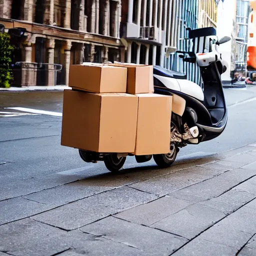 Prompt: delivery driver on scooter delivering boxes, extremely high quality, artistic rendering, cartoon, top - rated, award winning, realistic, sharp, no blur, edited, corrected colour, white background, trending