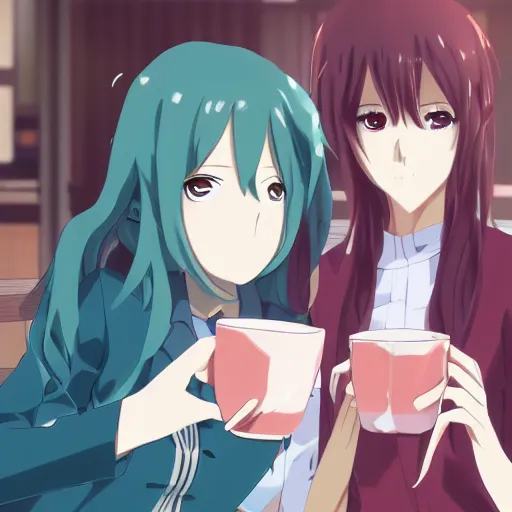 Prompt: Anime art of Makise Kurisu and Hatsune Miku drinking tea together, anime, zerochan, scenery by Makoto Shinkai, 4k