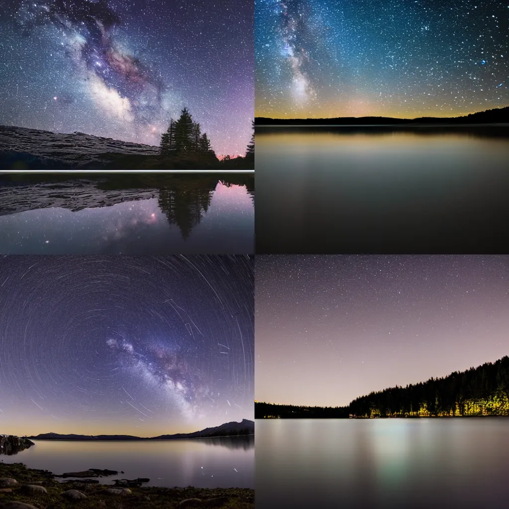 Prompt: a night shot with bulb exposure of the stars and a lake