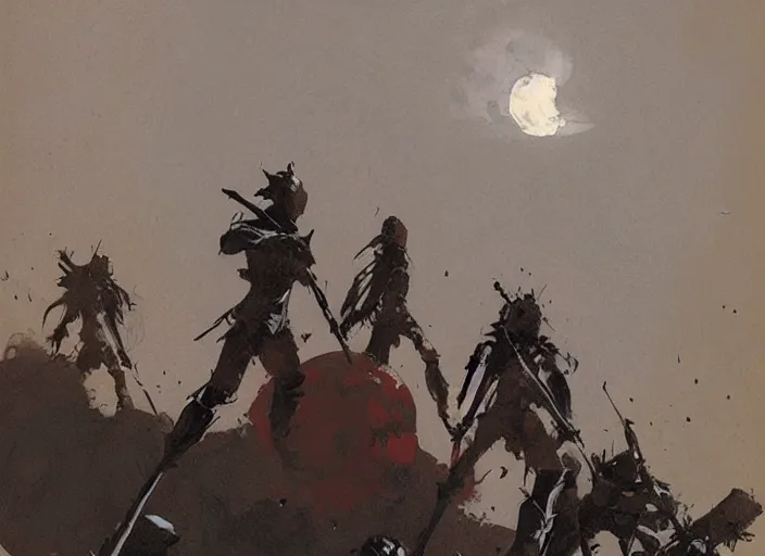 Prompt: beautiful as the moon, terrible as an army with banners. art by jeffrey catherine jones and jakub rozalski