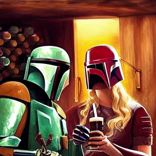 Image similar to Boba Fett and a beautiful young blonde drinking beer in a wine cellar, food, meat, schnapps, torches on the wall, romantic, inviting, cozy