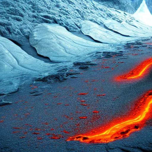 Image similar to 8 k hd detailed octane render of a river of molten magma following from a volcano