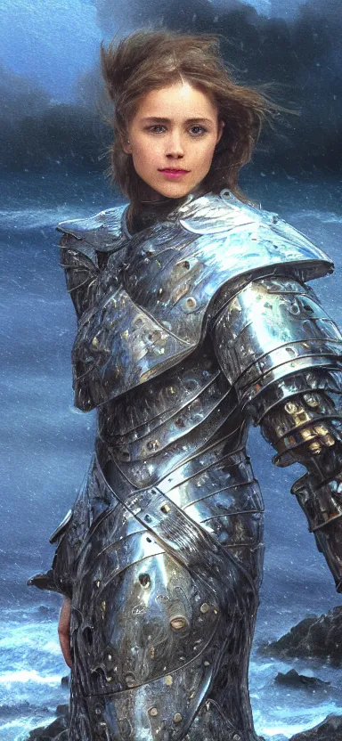 Image similar to armor made of water, made of liquid, rising up from ocean, water armor, high detail, high contrast, medium close up portrait, studio lighting, stormy seas, beautiful, bokeh, snowy, storm clouds, god rays, d & d, fantasy, elegant, aquamarine color palette, concept art, roger deakins and greg rutkowski and alphonse mucha