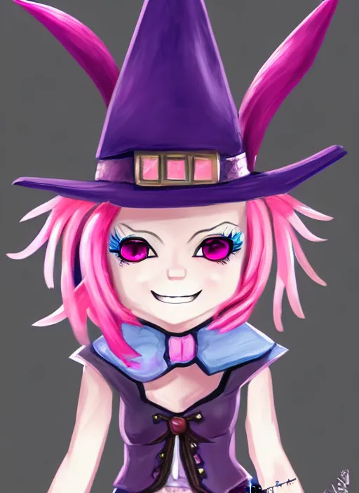 Prompt: a portrait of girl magician, witch hat, pink hair, blue eyes, pink lipstick, cheerful, fantasy, dungeons and dragons, an ultrafine detailed painting, chibi, detailed painting, boris valejo. octopath traveler decal!!!