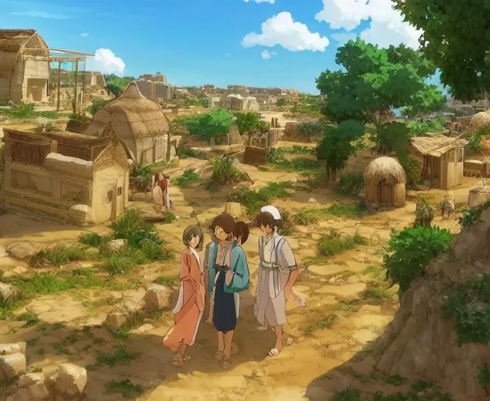 Prompt: A Mesopotamian village on the coast, peaceful and serene, incredible perspective, soft lighting, anime scenery by Makoto Shinkai and studio ghibli, very detailed